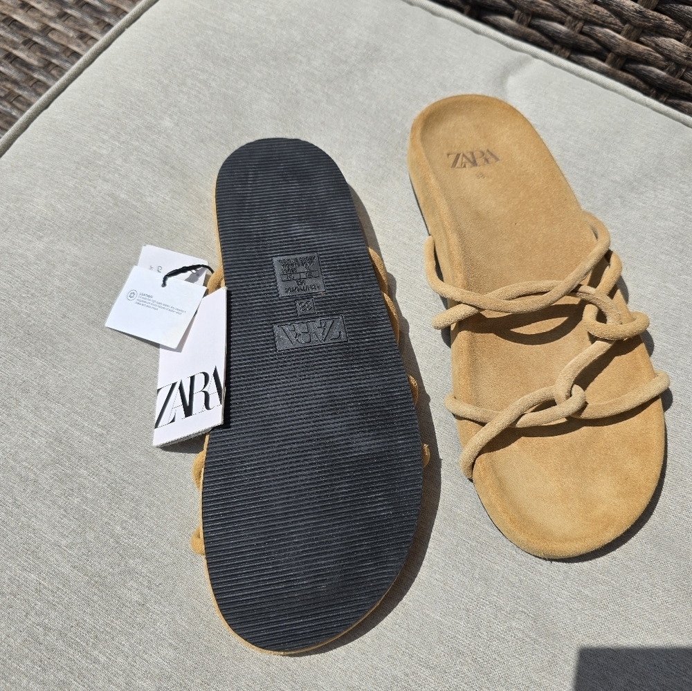 Zara Ochre Tan Brown 100% Geniune Leather Suede Straps Slides Size 8 - Picture 2 of 5